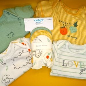 (4) Newborn Carter's onsies w/ (3) matching pairs of hand mitts!!